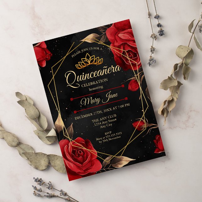 Quinceanera Black Red Gold Invitation (Créateur téléchargé)