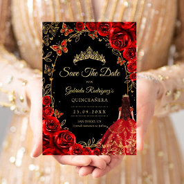 Quinceanera Black Red Gold Save The Date