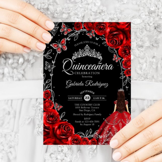 Quinceanera Black Red Silver Einladung (Von Creator hochgeladen)