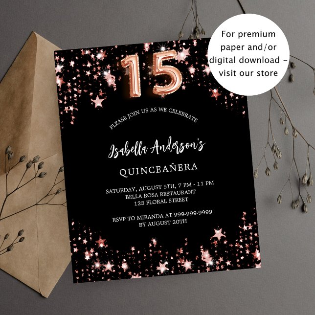 Quinceanera Black Rose Gold Stern Einladung Flyer (Von Creator hochgeladen)