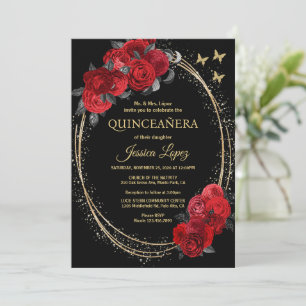 Quinceanera Black Rote Rosen Blume Gold Butterfly Einladung
