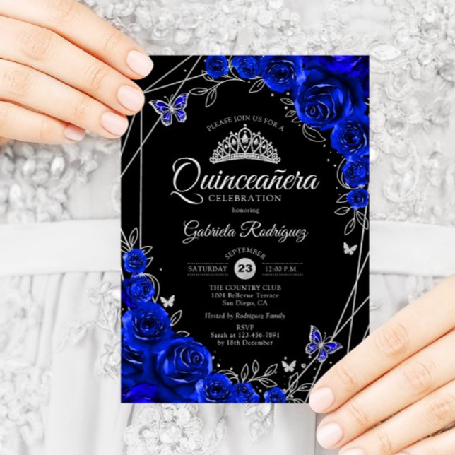 Quinceanera Black Royal Blue Silver Floral Einladung (Von Creator hochgeladen)