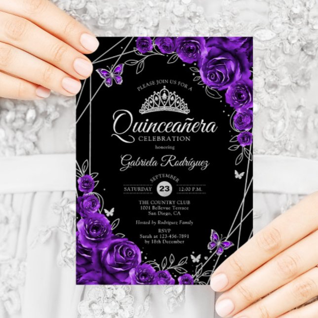 Quinceanera Black Silver Lila Einladung (Von Creator hochgeladen)