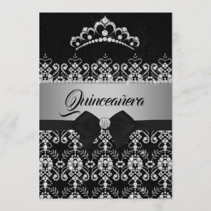 Quinceanera Black Silver Sparkle Diamond Tiara Bow Einladung