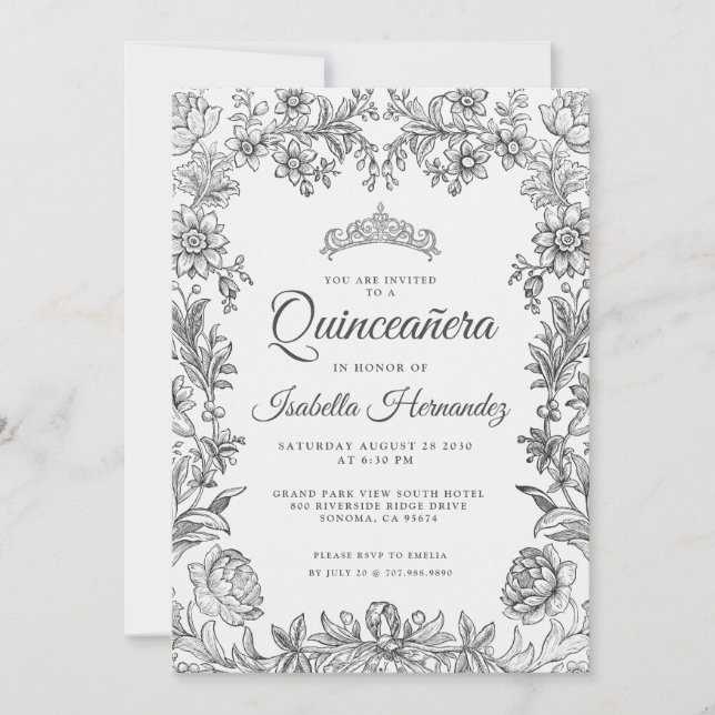Quinceanera Black White Floral Invitation (Devant)