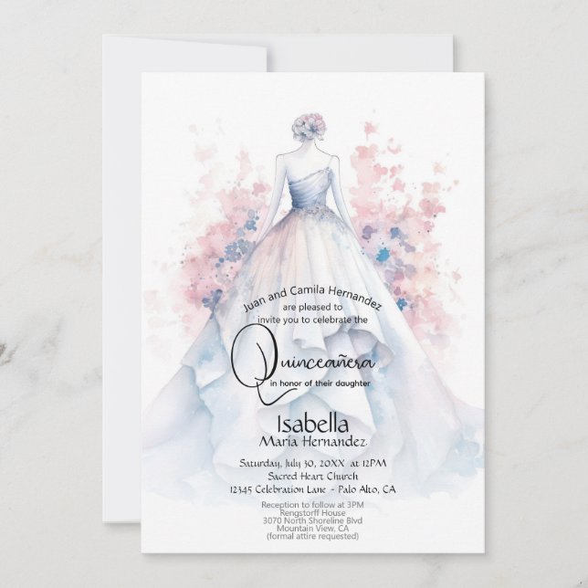 Quinceañera | Blass Blue Gown Pink Blume Einladung (Vorderseite)