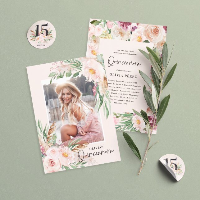 Quinceañera blassrosa mädchenhaftes Foto Geburtsta Einladung (Von Creator hochgeladen)