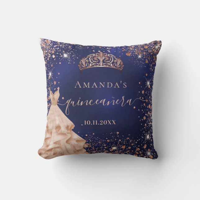 Quinceanera Blau Rose Gold Tiara Kleid Name Kissen (Vorderseite)