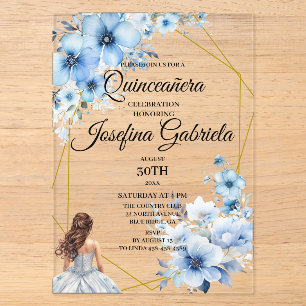 Quinceanera blaue Blumen Acryleinladungen