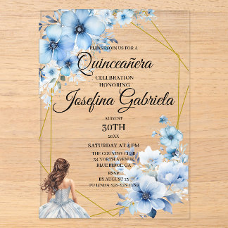 Quinceanera blaue Blumen Acryleinladungen