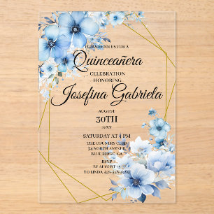 Quinceanera blaue Blumen Acryleinladungen