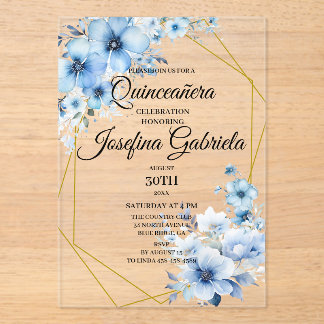 Quinceanera blaue Blumen Acryleinladungen