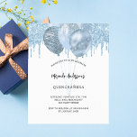 Quinceanera blauen Ballons Glitzer Luxus Einladung<br><div class="desc">Ein weißer Hintergrund. Dekoriert mit hellblauen Imitate Glitzer Tropfen,  Farbe Tropflook und Ballons. Personalisieren und einen Namen und Party Details.</div>