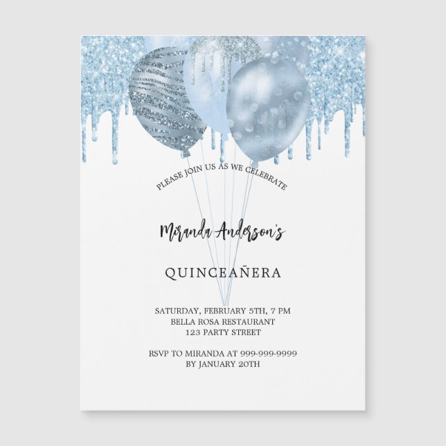Quinceanera blauen Ballons Glitzer Luxus Magneteinladung (Vorderseite)
