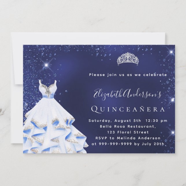 Quinceanera blauen Glitzer Kleid tiara Einladung (Vorderseite)