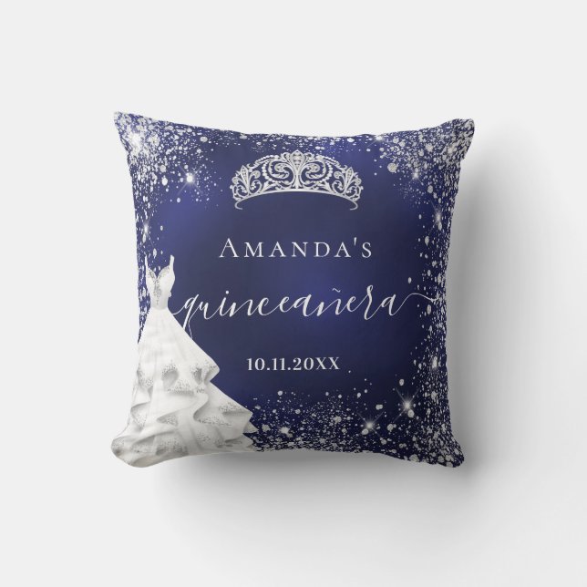 Quinceanera blauen Glitzer Tiara Kleidername Kissen (Vorderseite)