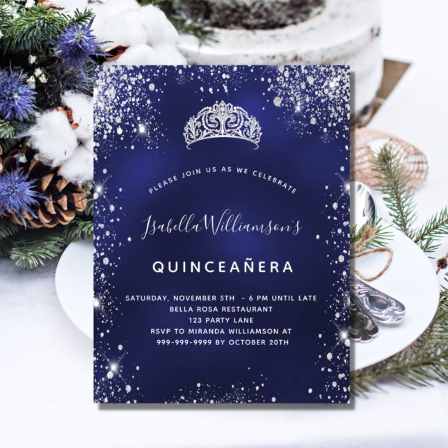 Quinceanera blauer Glitzer Staub Tiara Krone Einladungspostkarte (Von Creator hochgeladen)