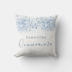 Quinceanera blauer Glitzer tropft monogramm weiß Kissen