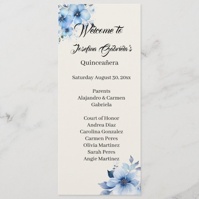 Quinceanera blaues doppelseitiges Programmkarte  Programm (Vorderseite)