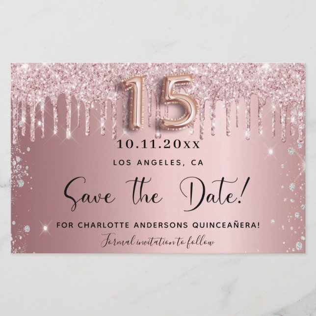 Quinceanera Blink Pink Save the Date Silberkarte (Vorderseite)