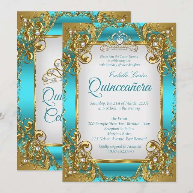 Quinceanera Blue Aquamarin Golden Pearl Tiara Part Einladung (Vorne/Hinten)