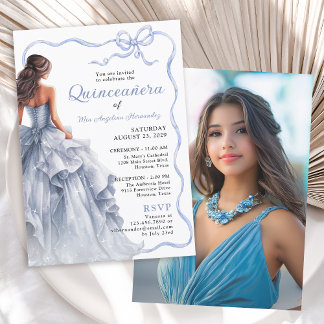 Quinceañera Blue Dress Scallope Ribbon Bow Foto Einladung