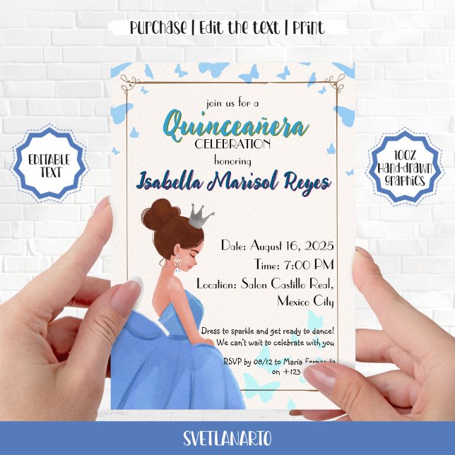 Quinceañera Blue Elegante Prinzessin Einladung (Von Creator hochgeladen)