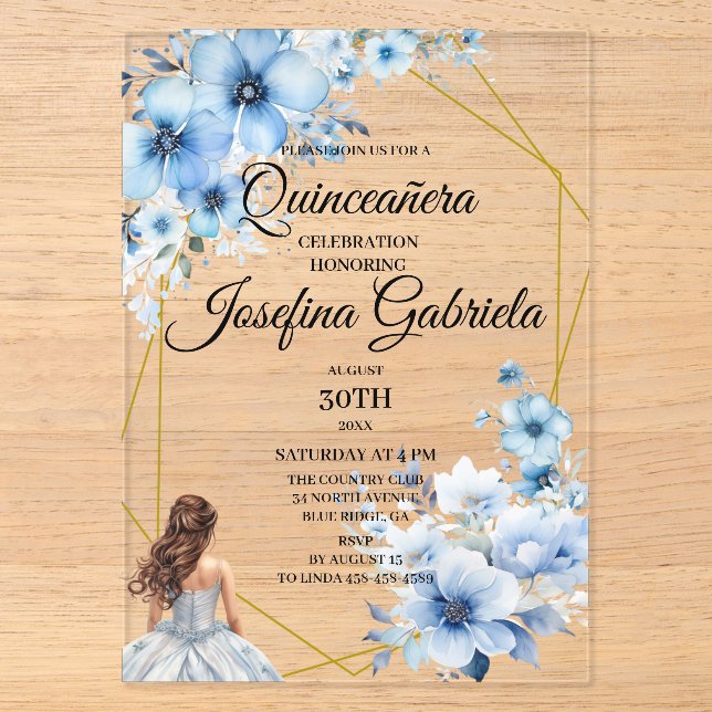 Quinceanera blue floral acryleinladungen (Vorderseite)