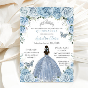 Quinceañera Blue Floral Butterfliegen Silver Tiara Einladung