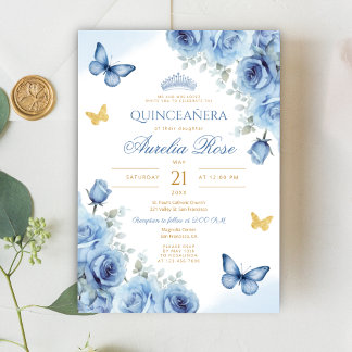 Quinceañera Blue Floral Gold Butterfly Tiara Einladung