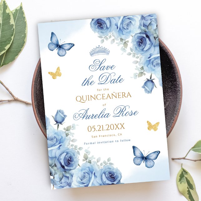 Quinceañera Blue Floral Gold Butterfly Tiara Save The Date (Von Creator hochgeladen)