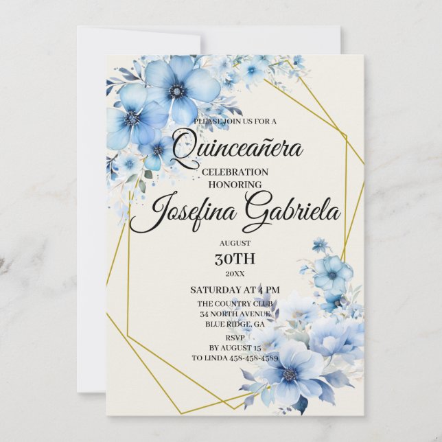 Quinceañera blue floral Invitation Einladung (Vorderseite)