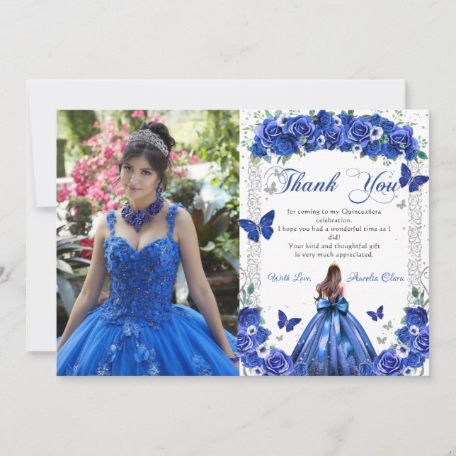 Quinceañera Blue Floral Princess Butterflies Foto Dankeskarte (Vorderseite)