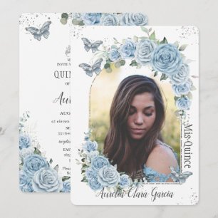 Quinceañera Blue Floral Princess Butterflies Foto Einladung