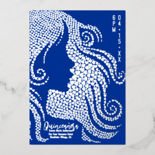 Quinceañera Blue Girl Silhouette in Hearts Silver Folien Feiertagskarte