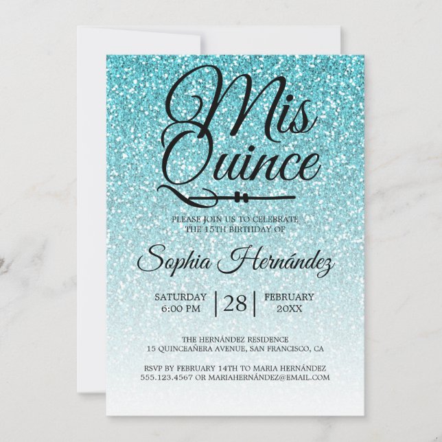 Quinceañera Blue Glitzer 15. Geburtstag Einladung (Vorderseite)