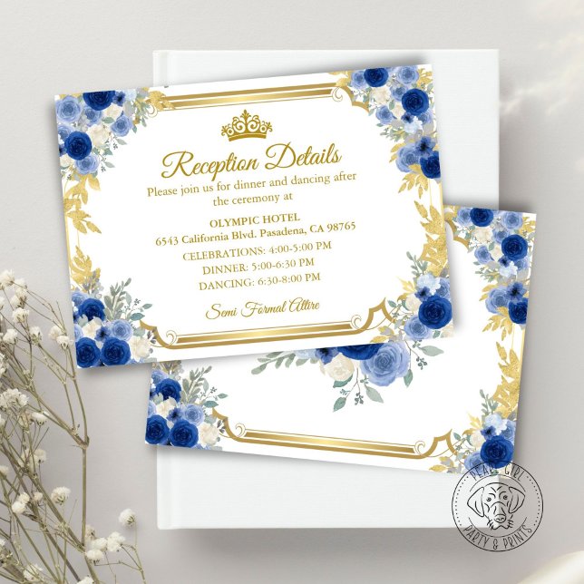 Quinceanera Blue Gold Floral Enclosure Card (Von Creator hochgeladen)