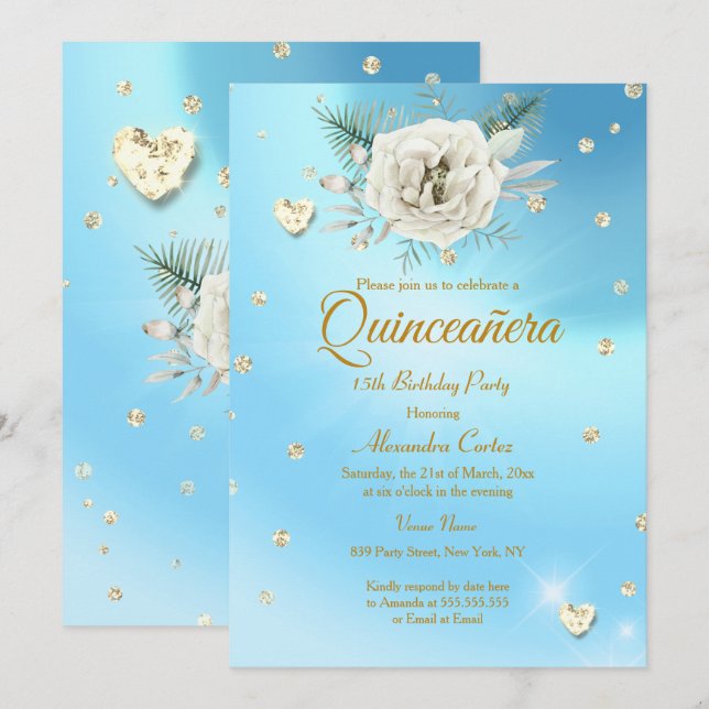 Quinceanera Blue Gold Glitzer Rose Einladung (Vorne/Hinten)