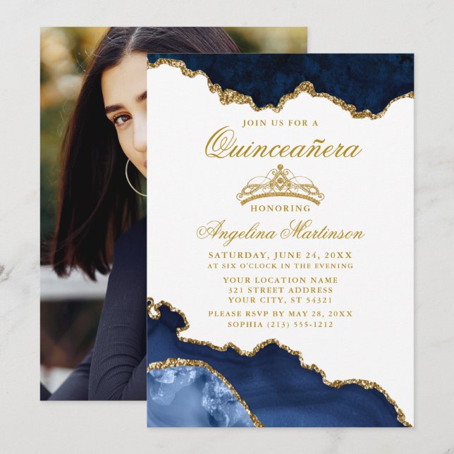 Quinceanera Blue Gold Marmor Crown Foto Einladung (Vorne/Hinten)