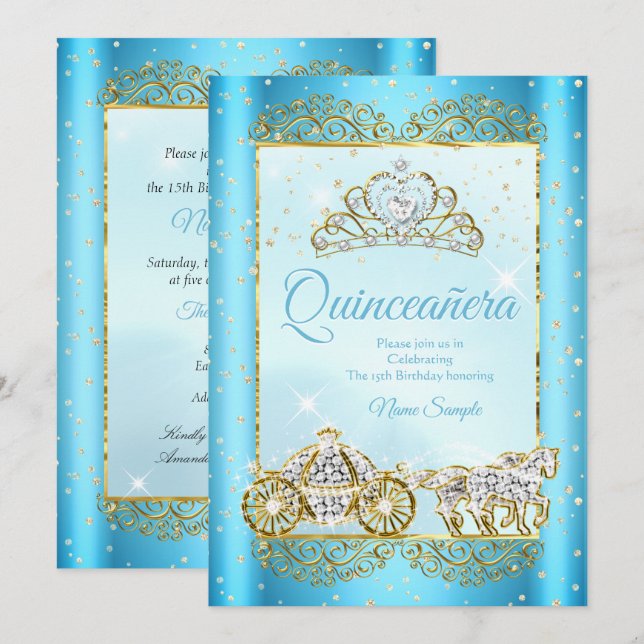 Quinceanera Blue Gold Märytale Aschenputtel Einladung (Vorne/Hinten)