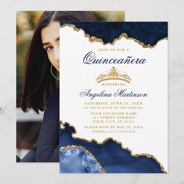 Quinceanera Blue Marble Gold Crown Foto Einladung (Vorne/Hinten)