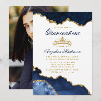 Quinceanera Blue Marble Gold Crown Foto Einladung