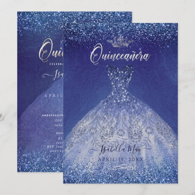 Quinceanera Blue Ombre Glitzer Gown Einladung (Vorne/Hinten)