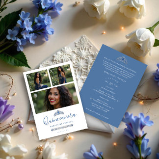 Quinceañera Blue Princess Tiara 3-Photos Spanish Einladung