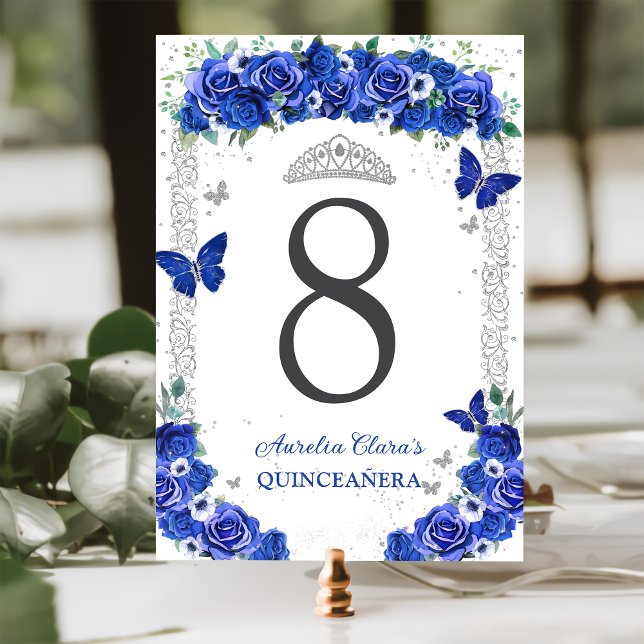 Quinceañera Blue Rose Floral Silber Schmetterlinge Tischnummer (Von Creator hochgeladen)