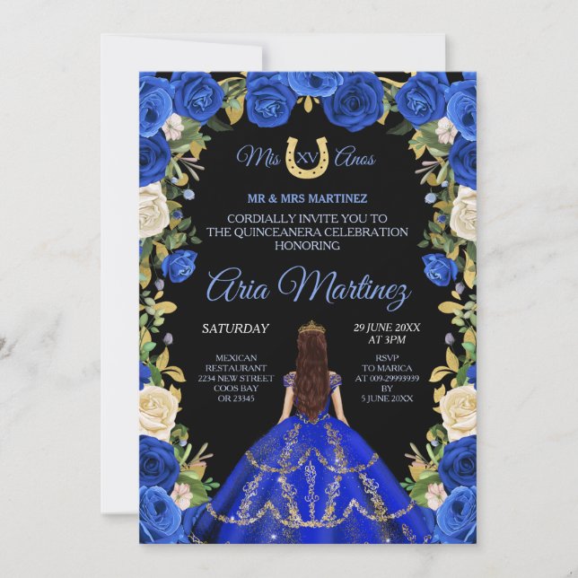 Quinceañera Blue Rose florale schwarze Unterlage i Einladung (Vorderseite)