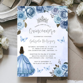 Quinceañera Blue Silver Floral Watercolor Einladung