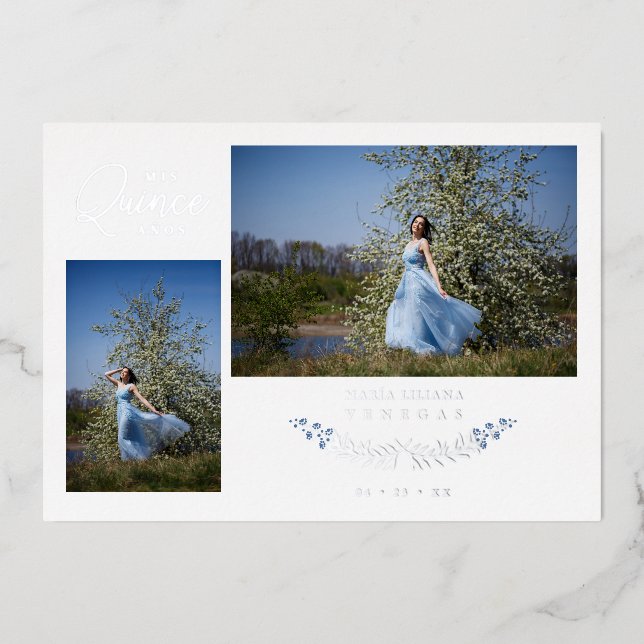 Quinceañera Blue Trendy Branches Spanish 2 Photos  Folieneinladung (Vorderseite)