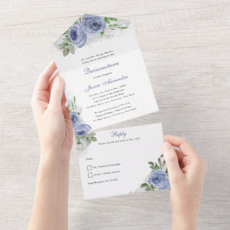 Quinceanera Blue und Silver Watercolor-Blume All In One Einladung