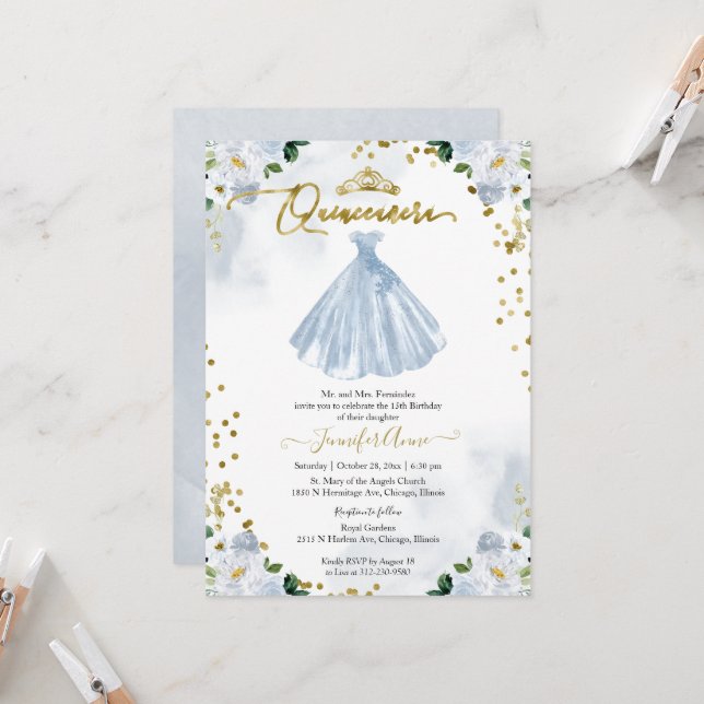 Quinceanera Blue Watercolor Blumenkleid Einladung (Vorderseite/Rückseite Beispiel)